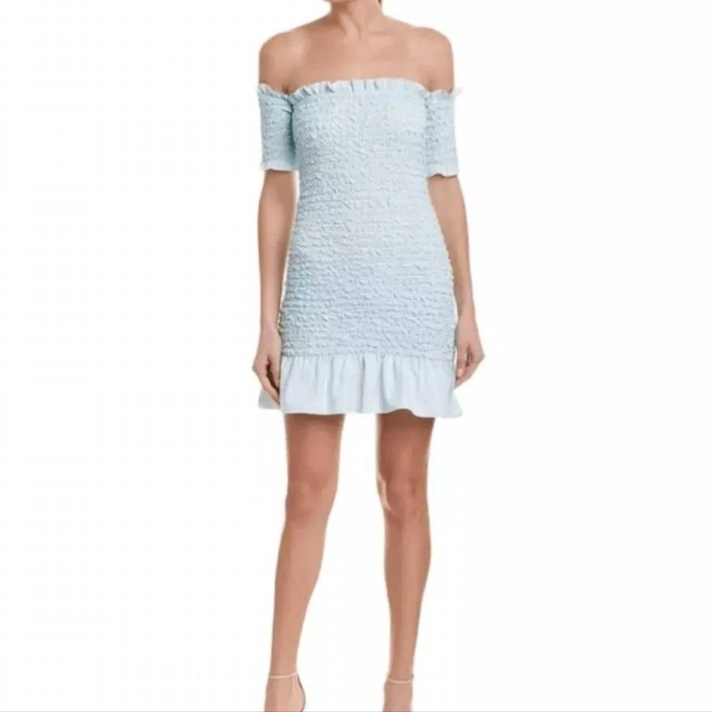 Revolve Petersyn Aqua Plaid Light Blue Off-Shoulder Smocked Sexy Dress XS